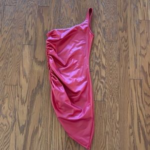 One shoulder short red pleather dress with a full length scrunch on the side